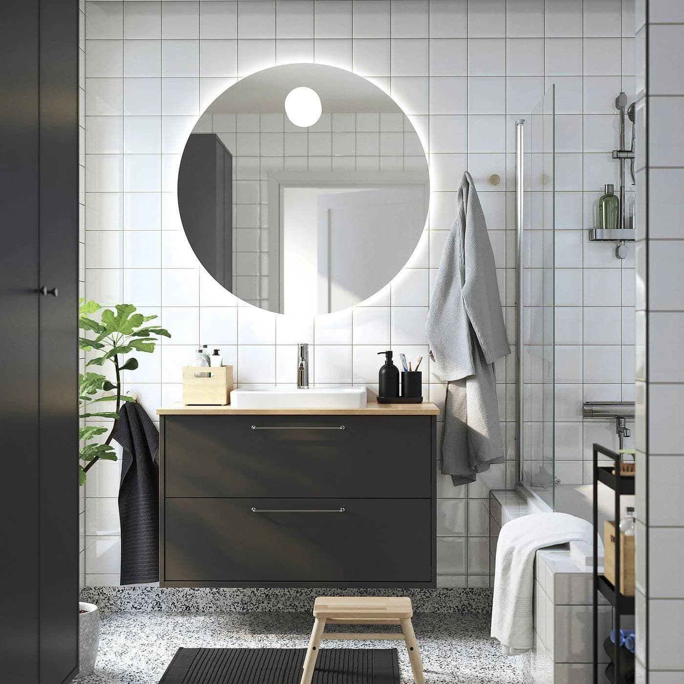 IKEA HAVBÄCK / ORRSJÖN Waschbeckenschrank mit Schubladen Dunkelgrau Bambus