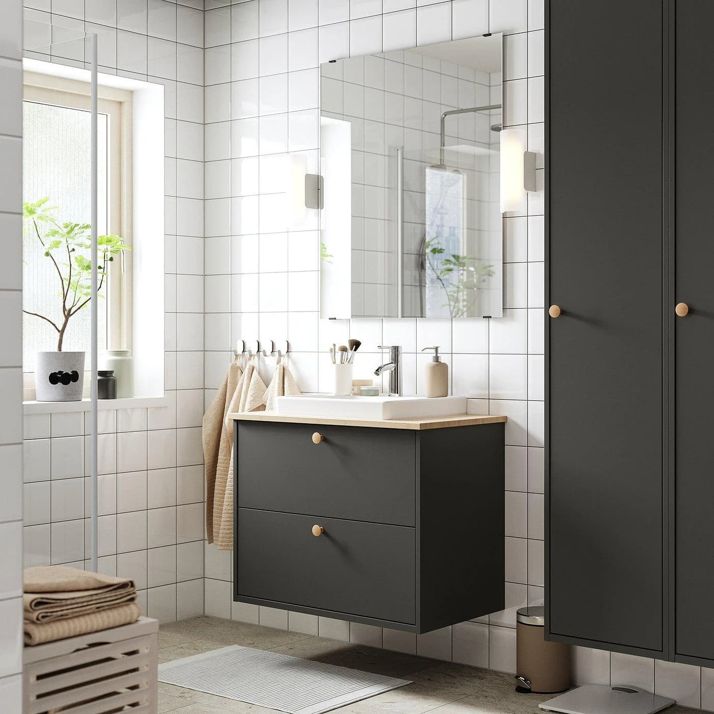 IKEA HAVBÄCK / ORRSJÖN Waschbeckenschrank mit Schubladen Dunkelgrau Bambus