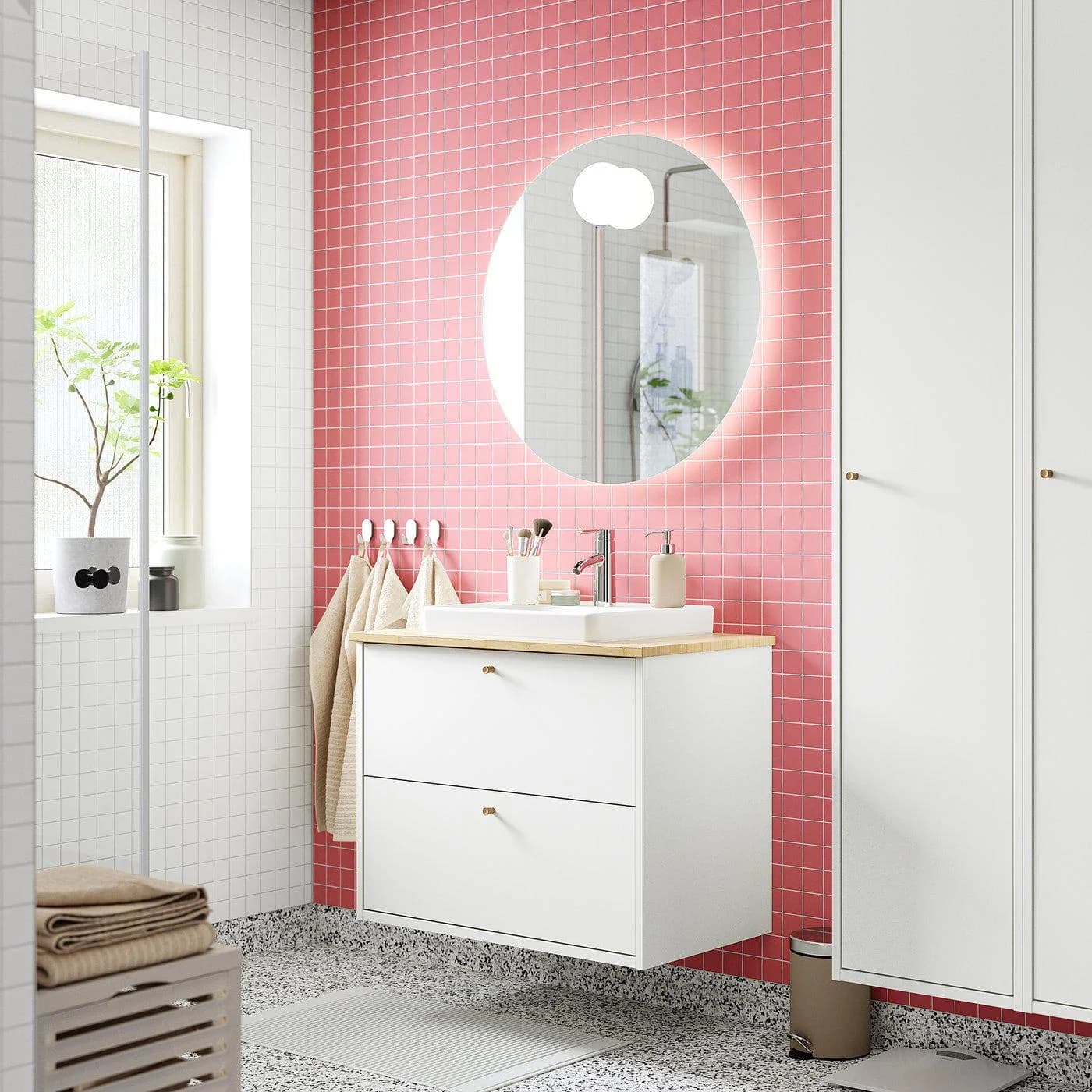 IKEA HAVBÄCK / ORRSJÖN Waschbeckenschrank mit Schubladen Weiß/Bambus