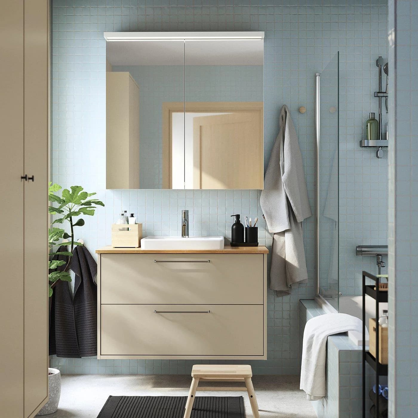 IKEA HAVBÄCK / ORRSJÖN Waschbeckenschrank Beige Bambus mit Schubladen