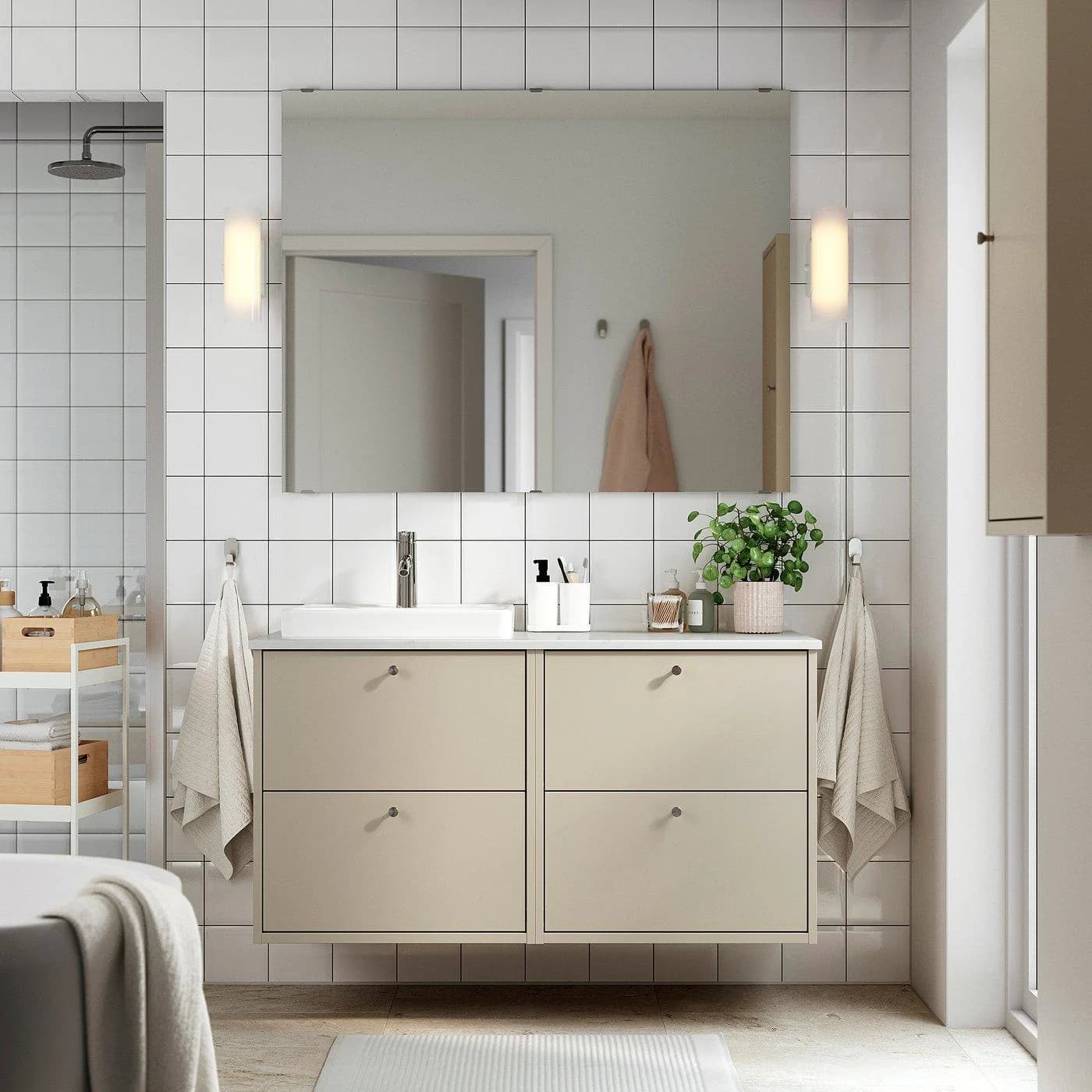 IKEA HAVBÄCK / ORRSJÖN Doppelwaschbeckenset Beige-Weiß Marmor