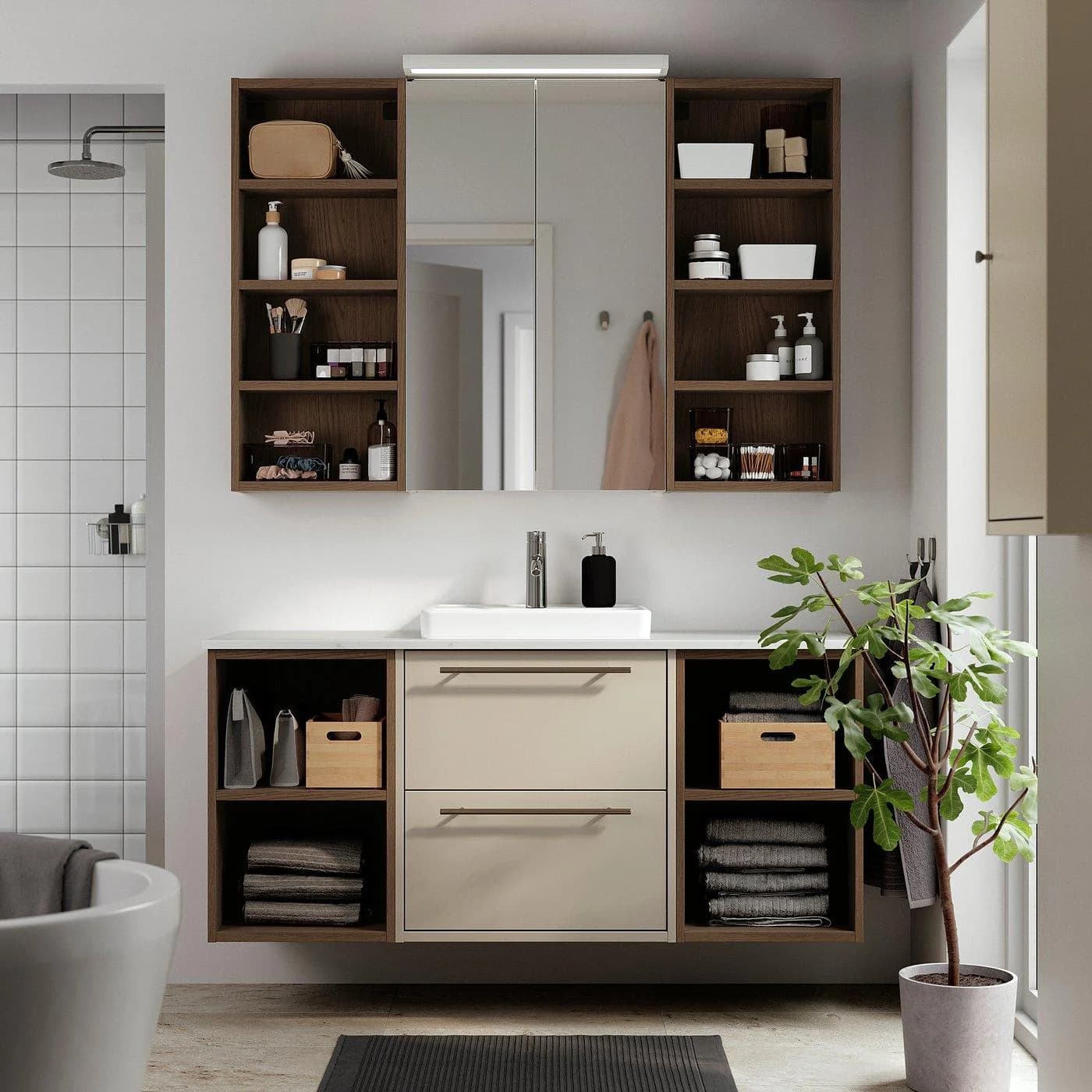 IKEA HAVBÄCK / ORRSJÖN Waschbeckenset Beige/Eichenachbildung mit Mischbatterie