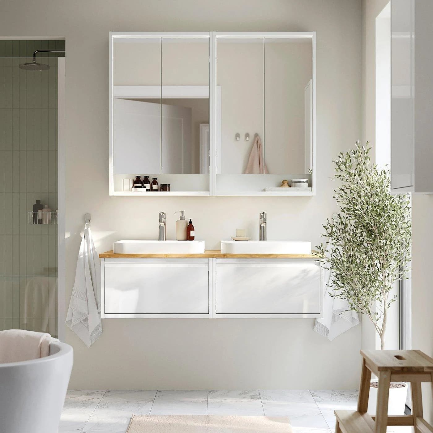 IKEA ÄNGSJÖN / BACKSJÖN Badmöbel-Set 2x Waschbecken Weiß Bambus