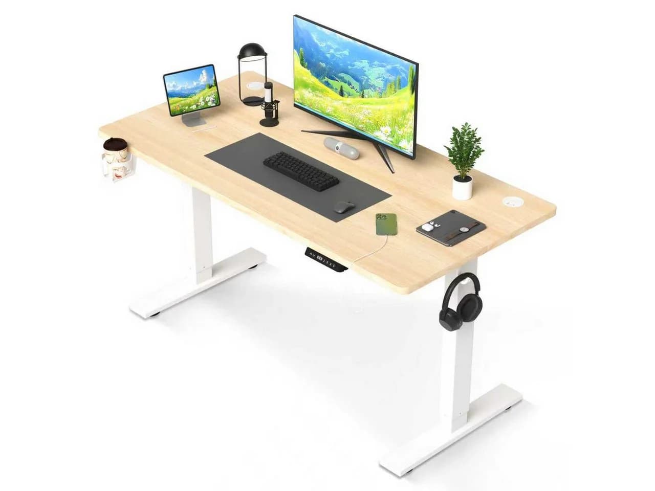 HOMAVO Höhenverstellbarer Schreibtisch mit Memory und USB-Anschlüssen Braun - Bild 2