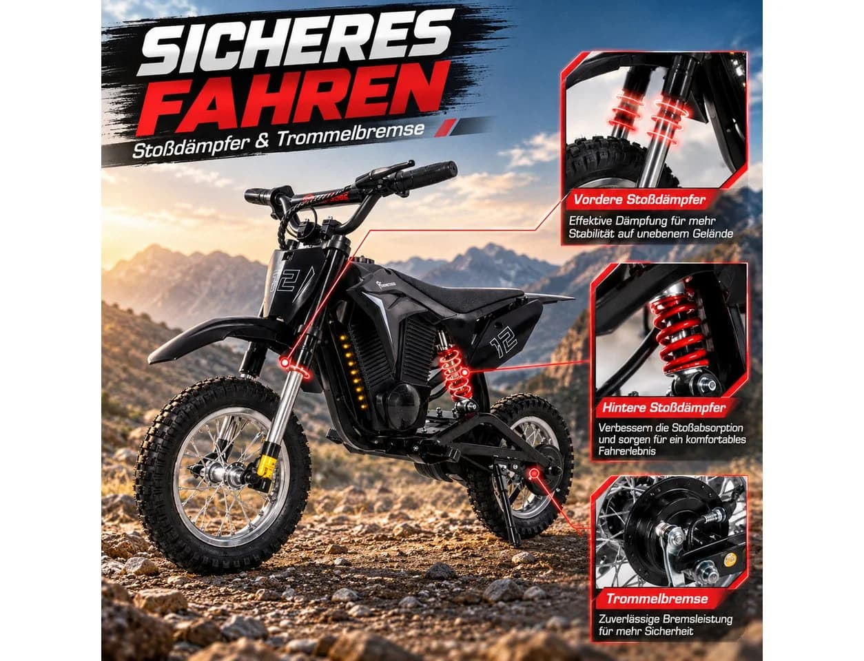 EVERCROSS TECH Elektro-Kindermotorrad 300W 36V Schwarz - Bild 4