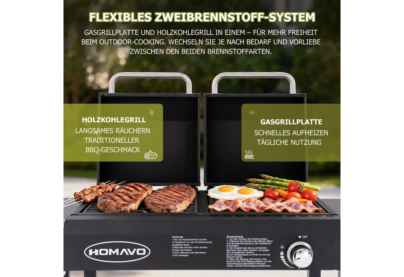 HOMAVO Gasgrill 2-in-1 Gas- & Holzkohlegrill Schwarz Silber