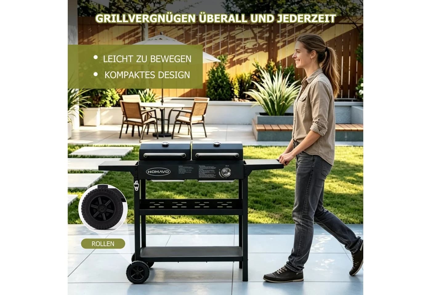 HOMAVO Gasgrill 2-in-1 Gas- & Holzkohlegrill Schwarz Silber - Bild 4
