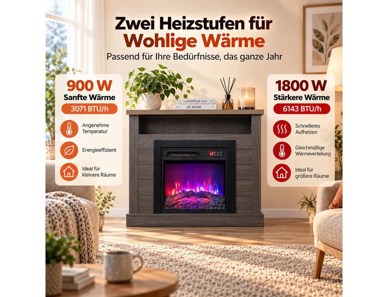 HOMAVO Elektrokamin mit Schrank Schwarz Grau 3D-Flammeneffekt