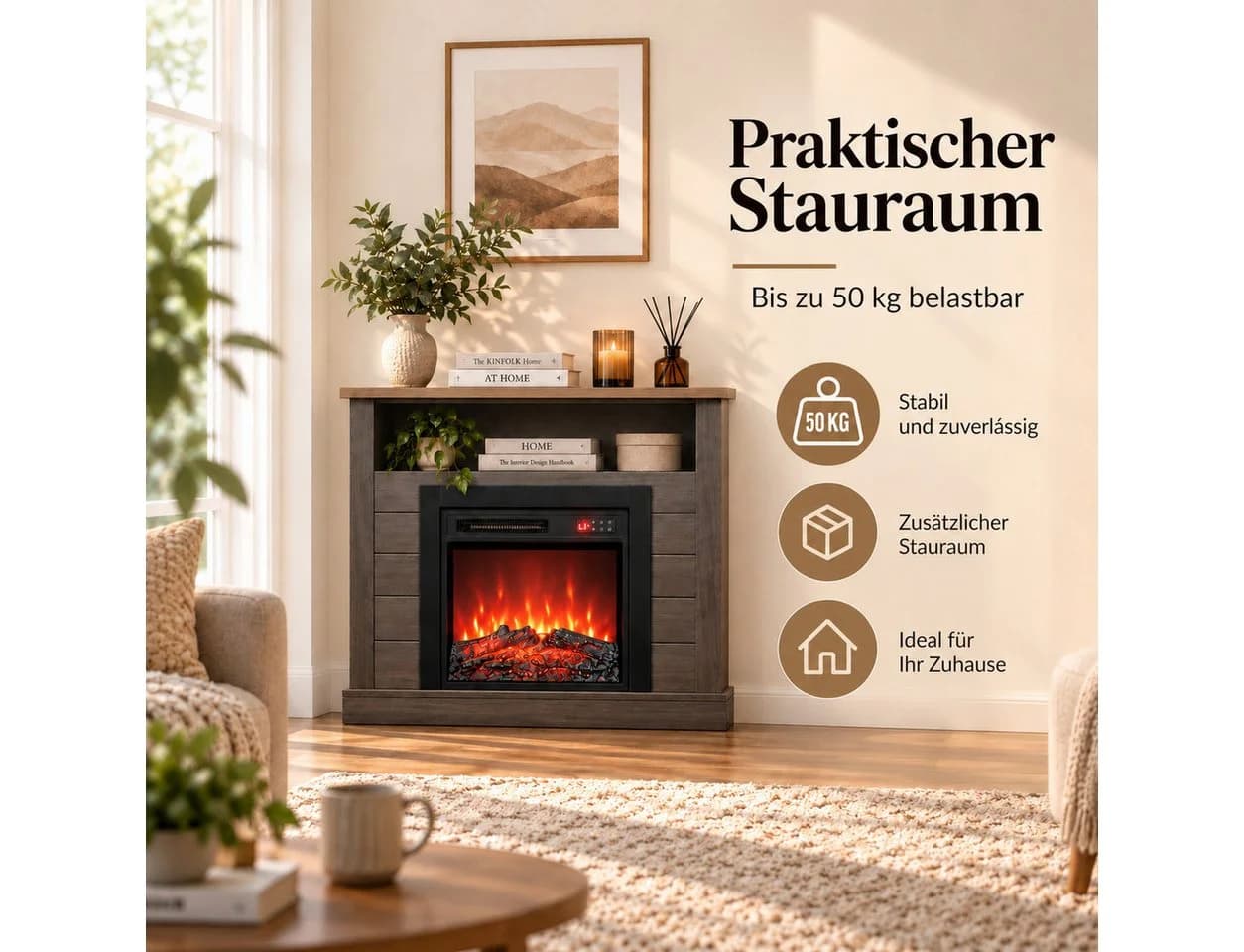 HOMAVO Elektrokamin mit Schrank Schwarz Grau 3D-Flammeneffekt - Bild 3