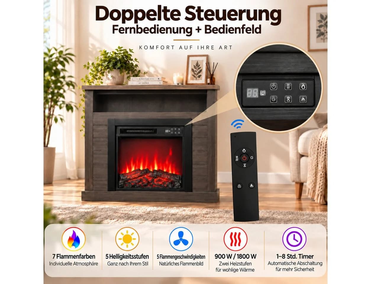 HOMAVO Elektrokamin mit Schrank Schwarz Grau 3D-Flammeneffekt - Bild 4