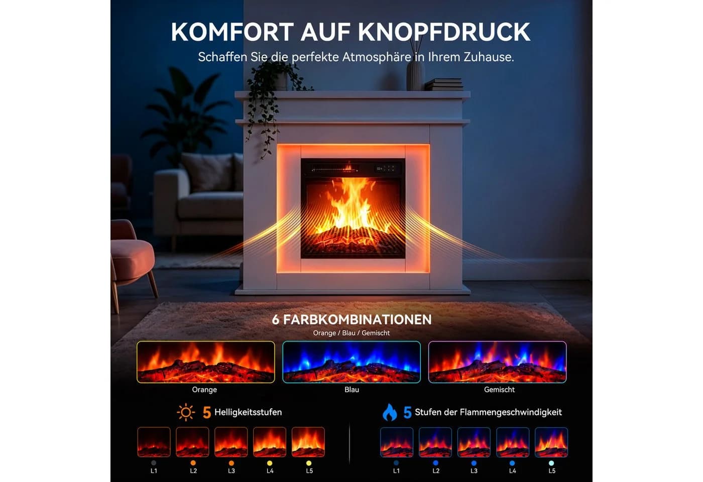 HOMAVO Elektrokamin mit Schrank 900/1800 W 3D-Flammeneffekt LED-Beleuchtung - Bild 3
