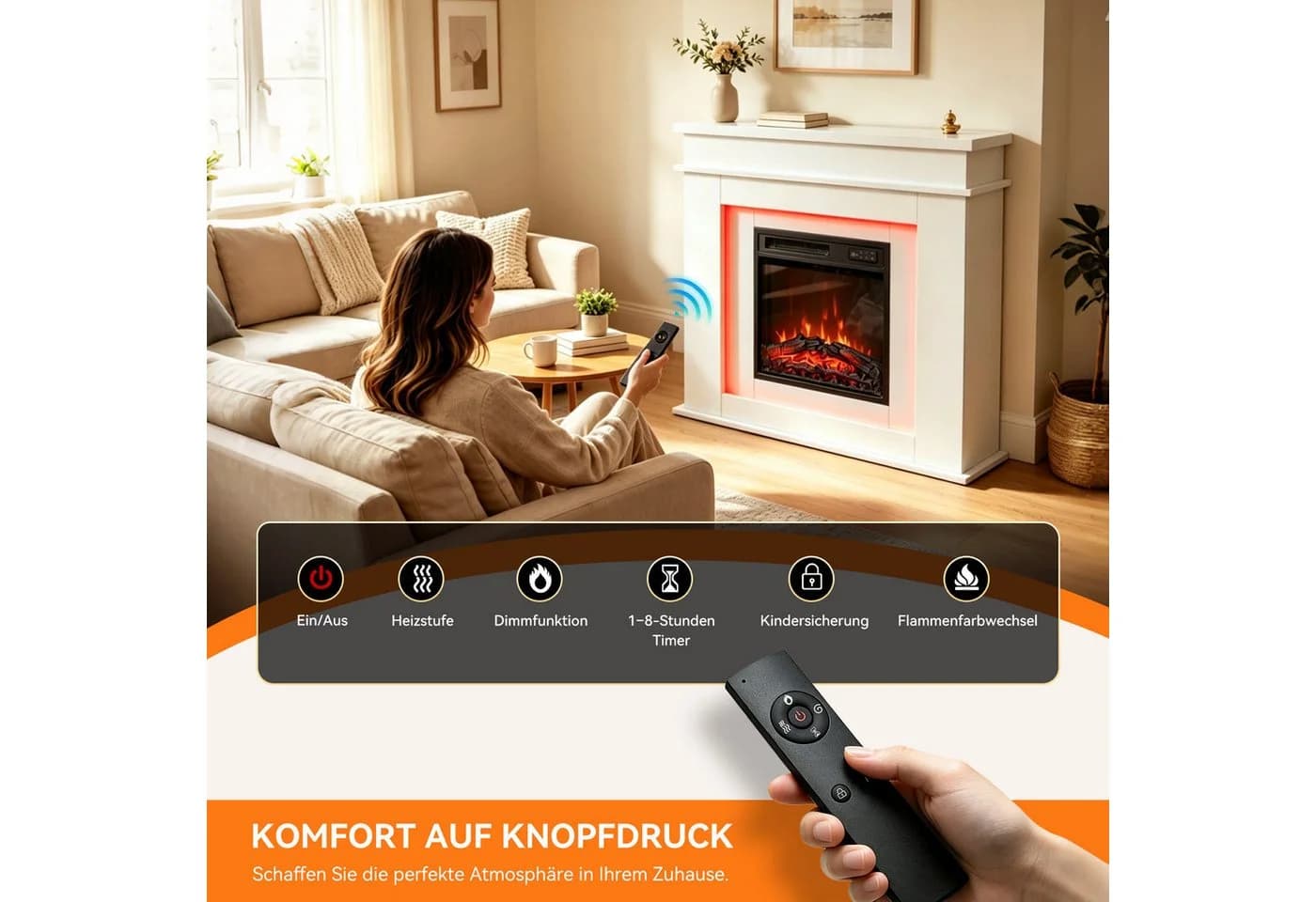 HOMAVO Elektrokamin mit Schrank 900/1800 W 3D-Flammeneffekt LED-Beleuchtung - Bild 5