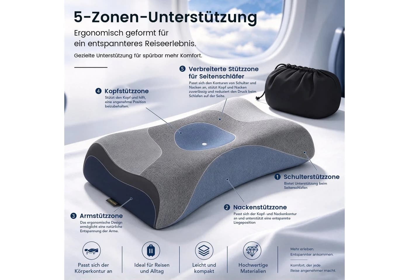 CHICASA Reisekissen Nackenkissen grau Memory Foam - Bild 3