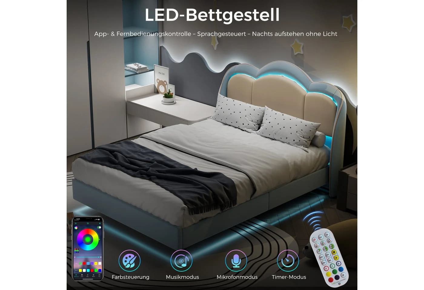 HOMAVO LED-Polsterbett Blau Samt mit Lattenrost - Bild 4