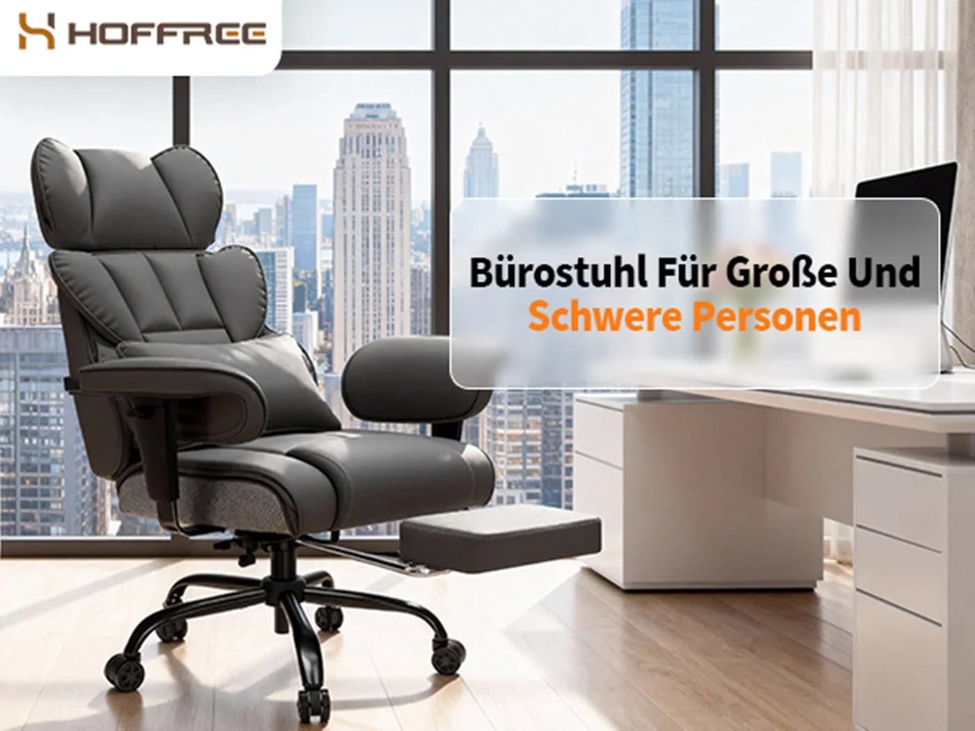 Hoffree Drehstuhl XXL Ergonomischer Bürostuhl Grau Kunstleder