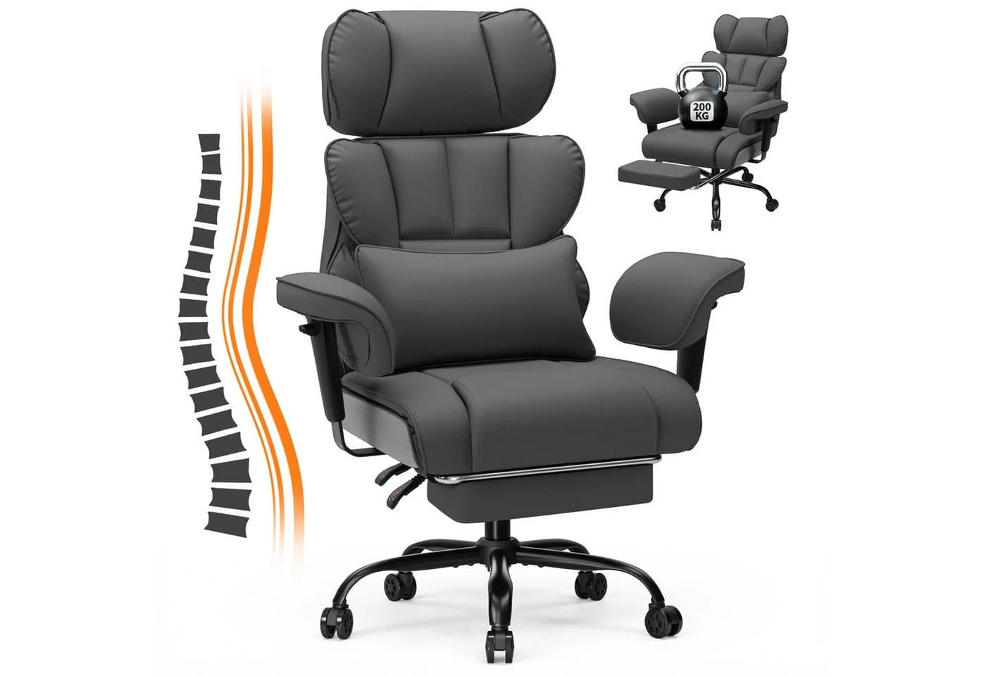 Hoffree Drehstuhl XXL Ergonomischer Bürostuhl Grau Kunstleder - Bild 2