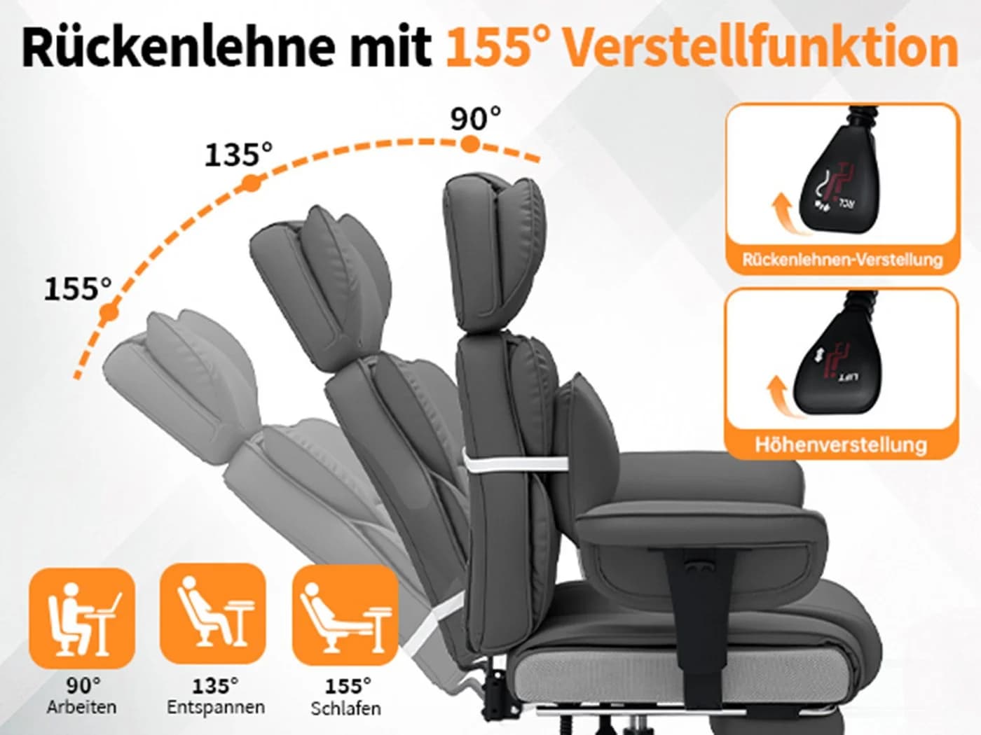 Hoffree Drehstuhl XXL Ergonomischer Bürostuhl Grau Kunstleder - Bild 3