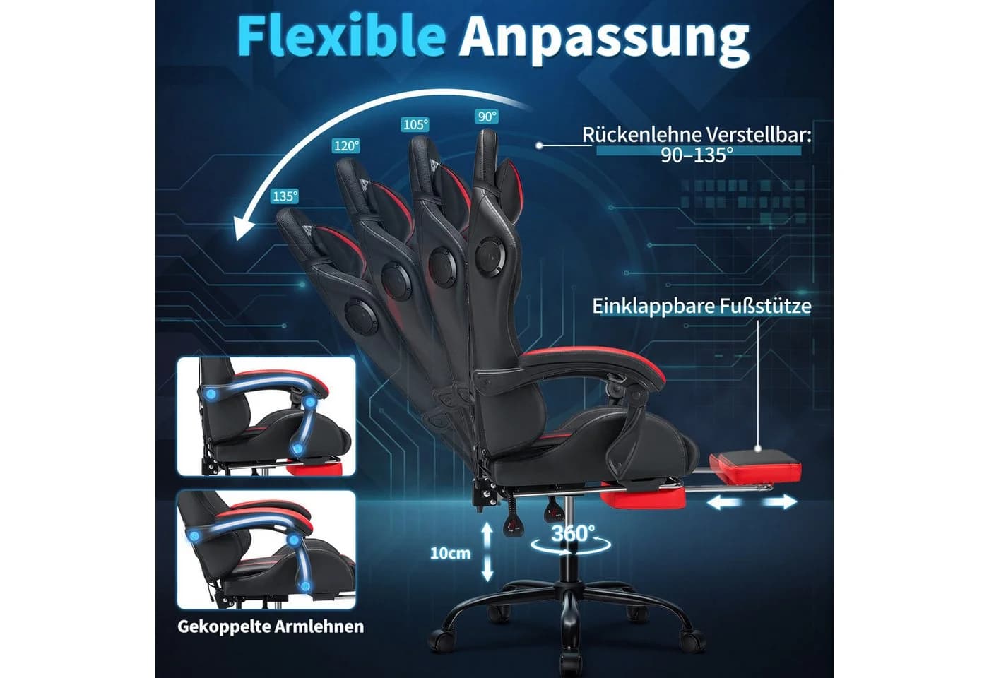 AUDEW Gaming-Stuhl 338 LED RGB Ergonomisch Bürostuhl mit Fußstütze - Bild 3