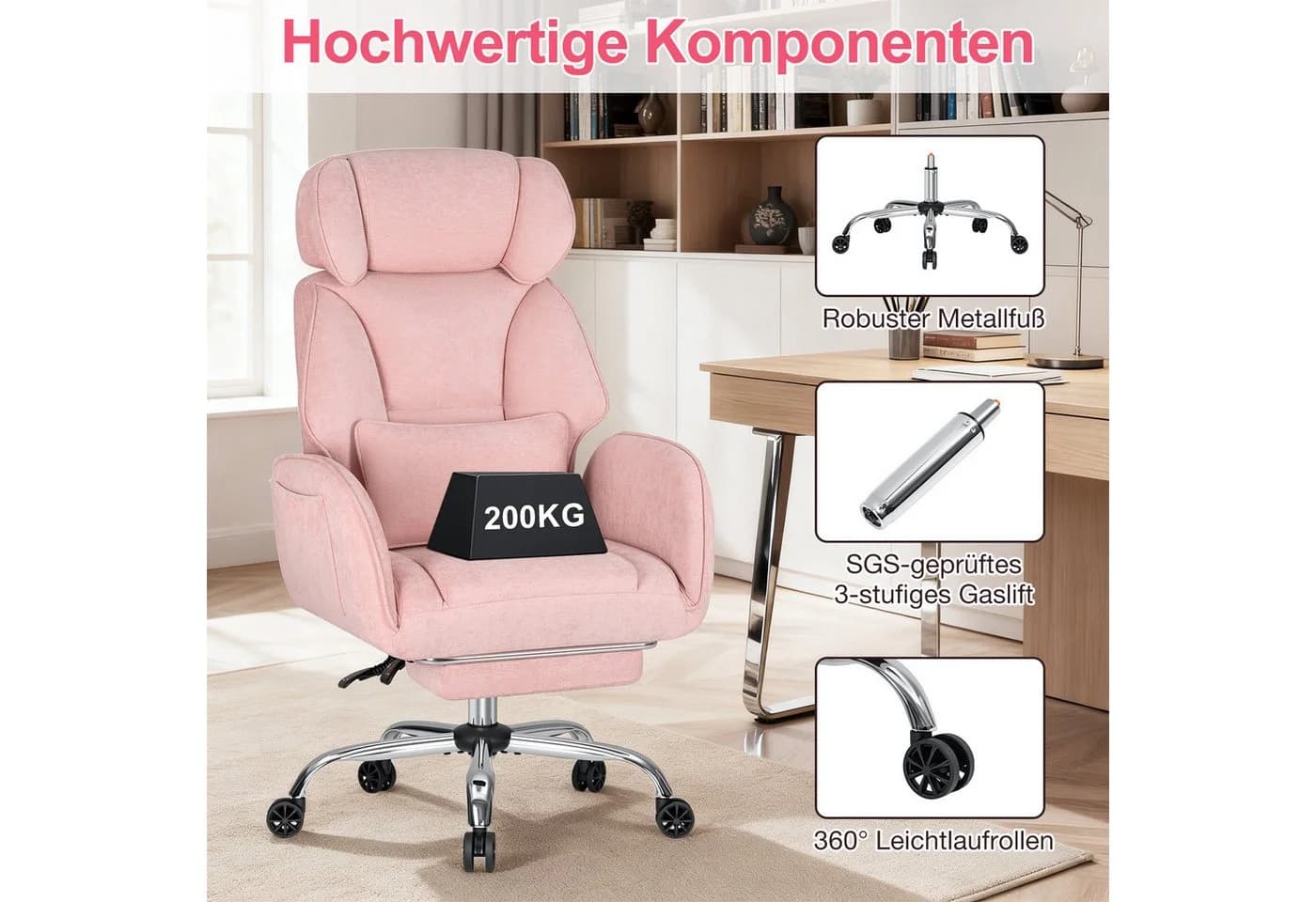 Hoffree Chefsessel Ergonomischer Bürostuhl Rosa Chenille