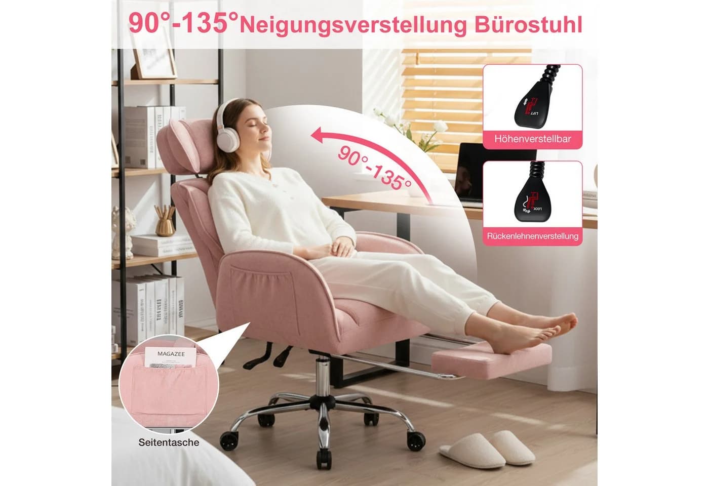 Hoffree Chefsessel Ergonomischer Bürostuhl Rosa Chenille - Bild 3