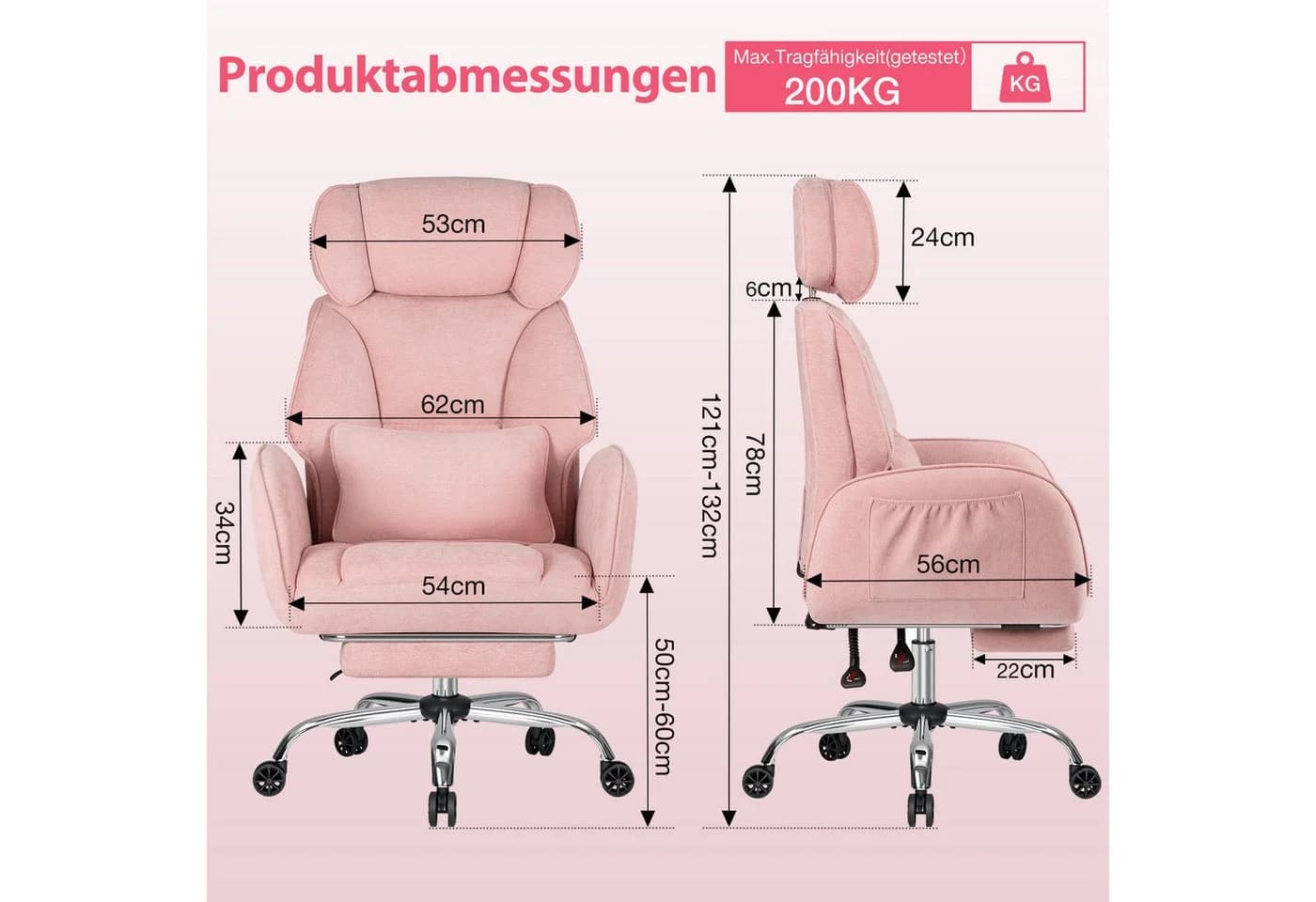 Hoffree Chefsessel Ergonomischer Bürostuhl Rosa Chenille - Bild 5