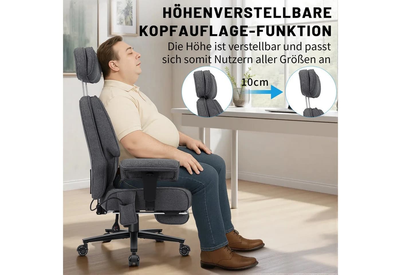Hoffree Chefsessel XXL Grau Ergonomischer Bürostuhl mit Lendenstütze