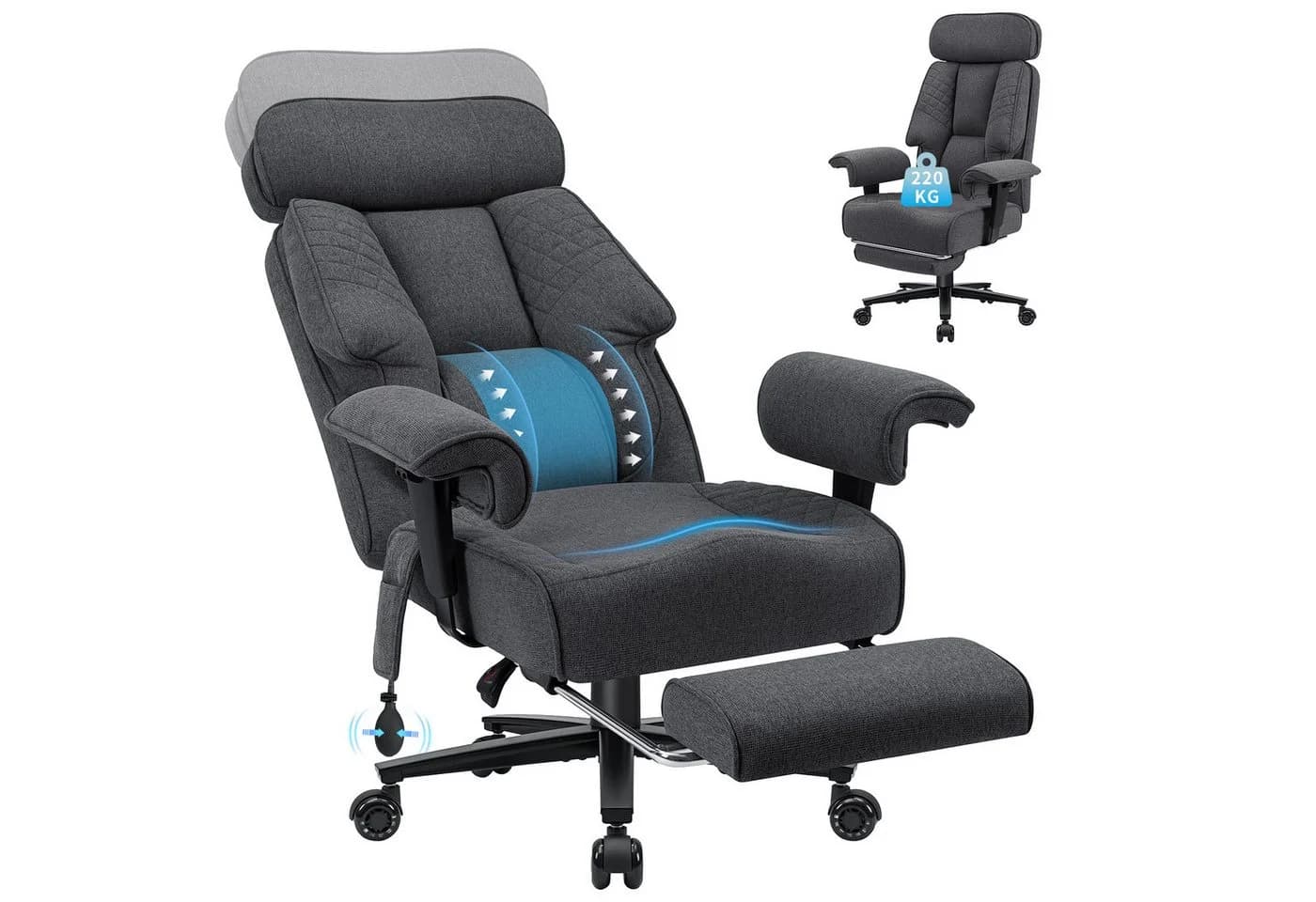 Hoffree Chefsessel XXL Grau Ergonomischer Bürostuhl mit Lendenstütze - Bild 2