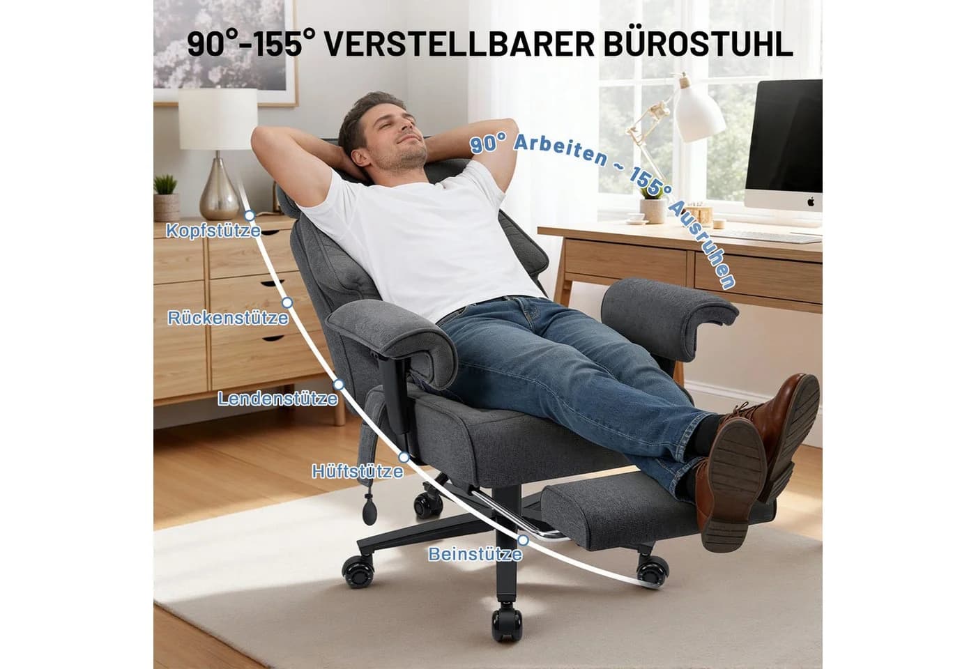 Hoffree Chefsessel XXL Grau Ergonomischer Bürostuhl mit Lendenstütze - Bild 3