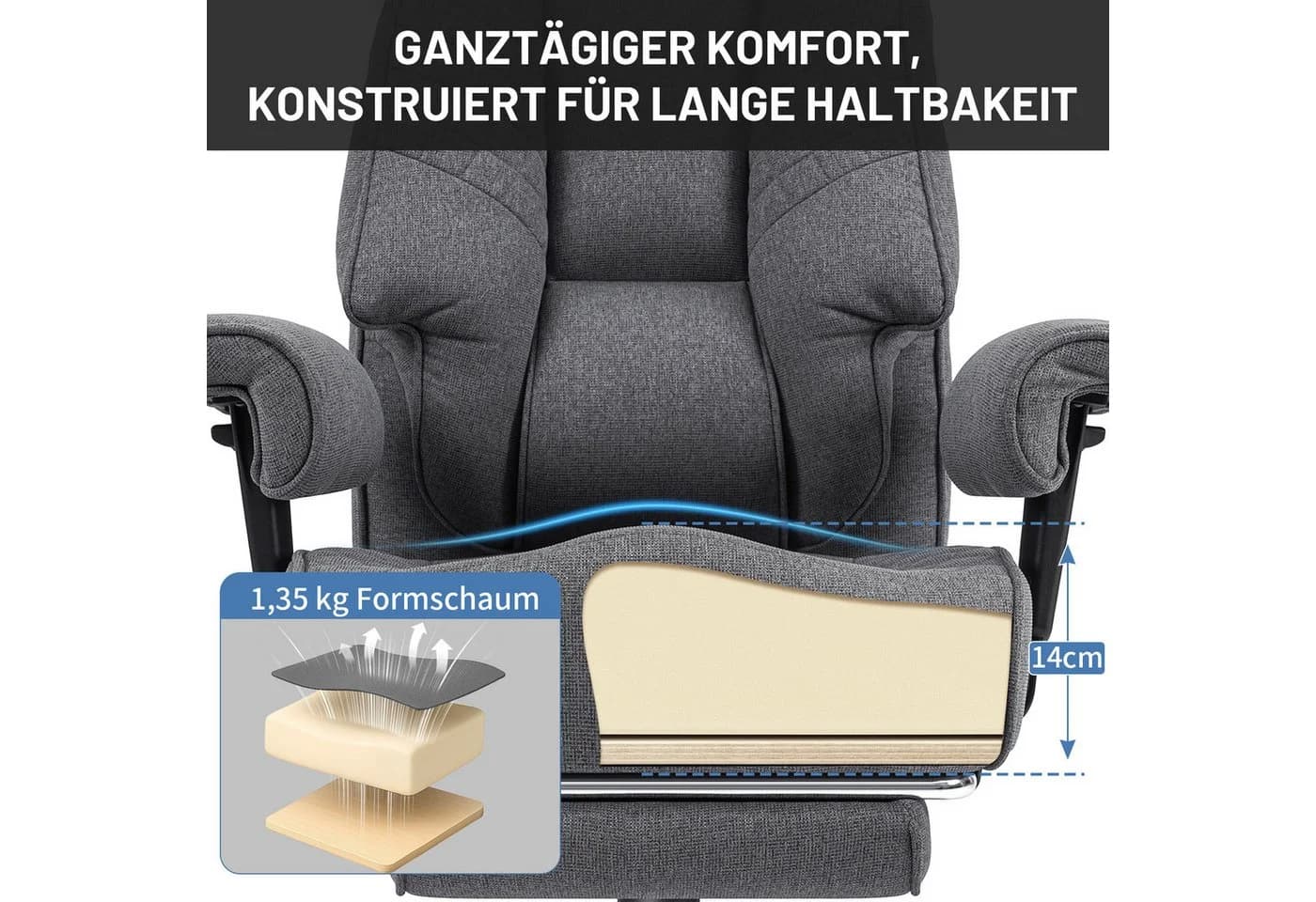 Hoffree Chefsessel XXL Grau Ergonomischer Bürostuhl mit Lendenstütze - Bild 4
