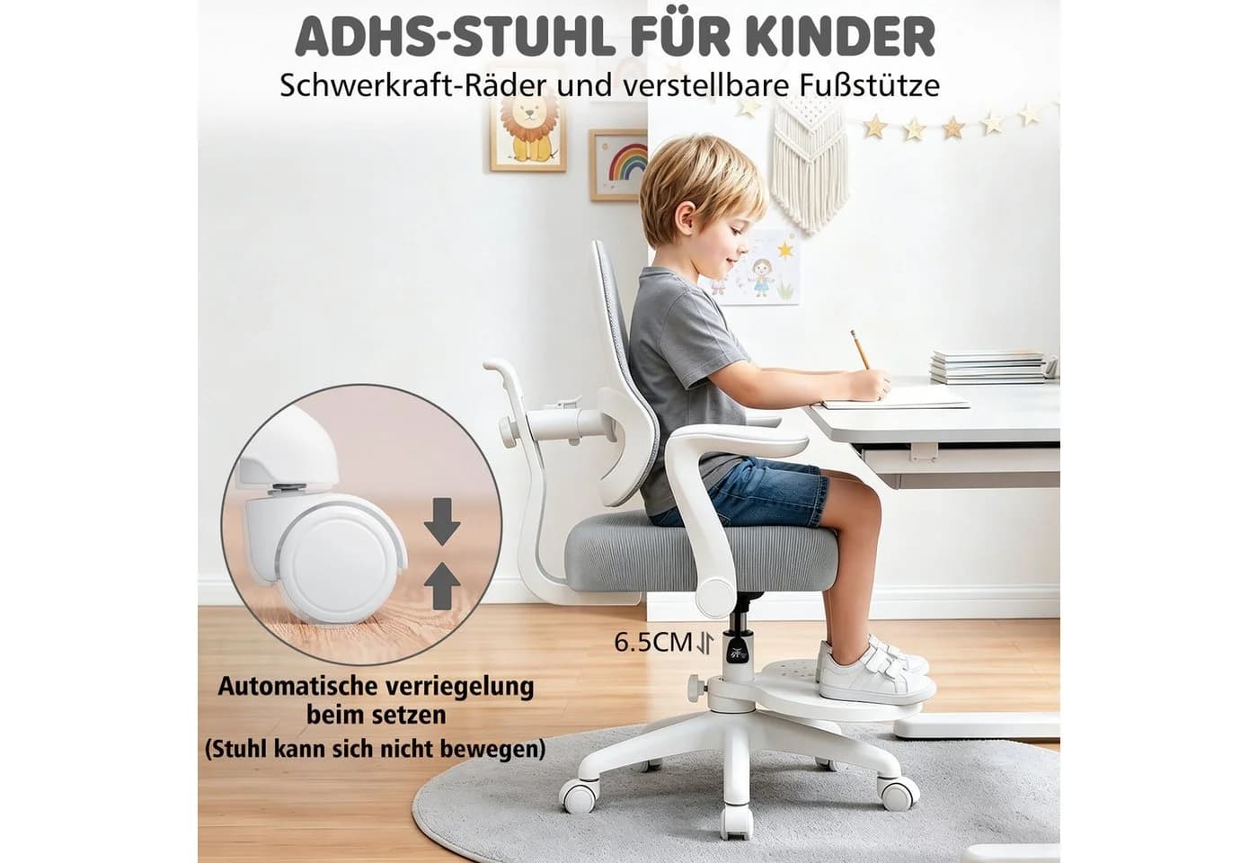 Hoffree Ergonomischer Kinder-Schreibtischstuhl Grau Verstellbar