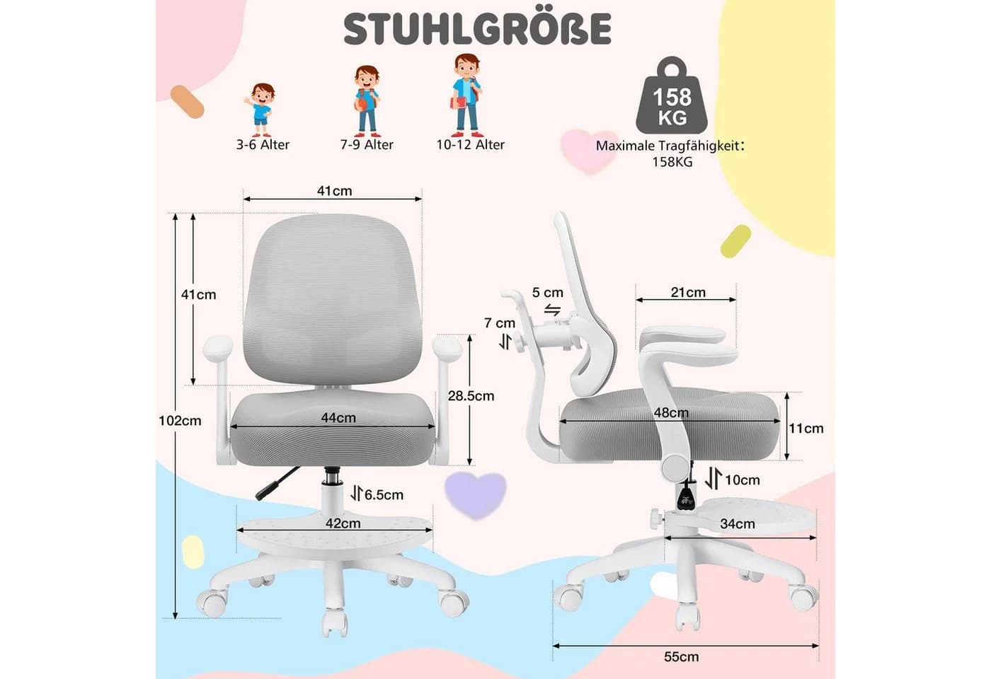 Hoffree Ergonomischer Kinder-Schreibtischstuhl Grau Verstellbar - Bild 5