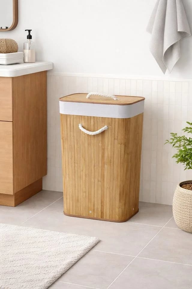 Euroshowers Wäschekorb Bambus Faltbar 75L mit Deckel und Griffe Natur - Bild 2