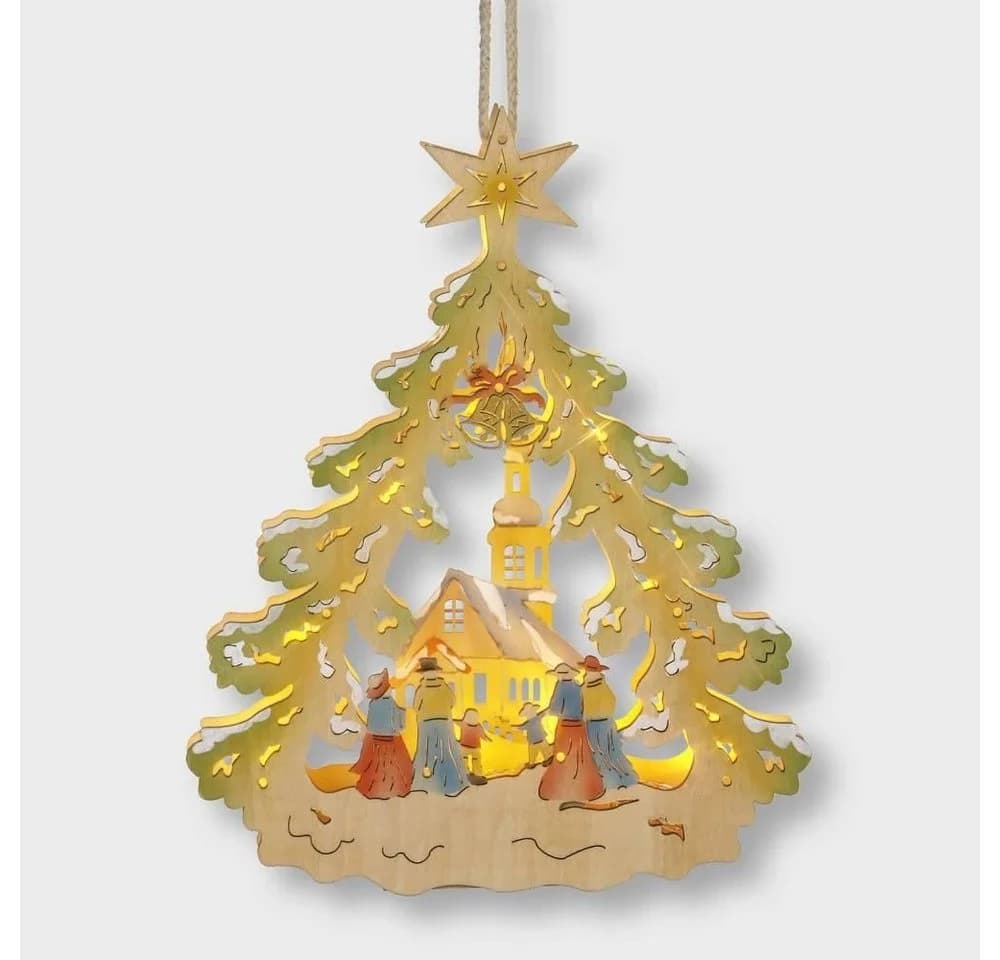 STAR LED Fensterbild 004-43 LED Holzhänger Weihnachtsbaum mit Kirche Batteriebetrieb