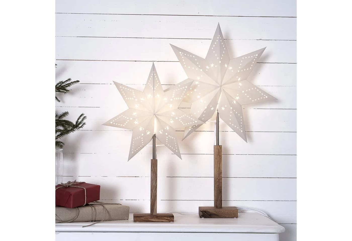STAR TRADING Standleuchte Stern Karo Beige/Weiß mit E14-Fassung