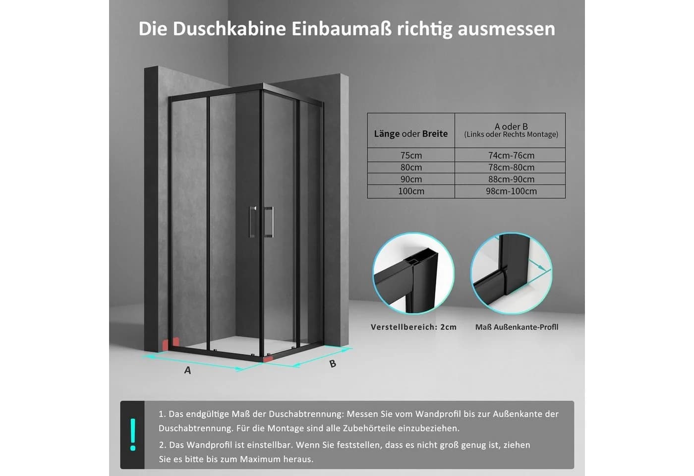 BOROMAL Eckdusche Schiebetür Schwarz 5mm Sicherheitsglas - Bild 4