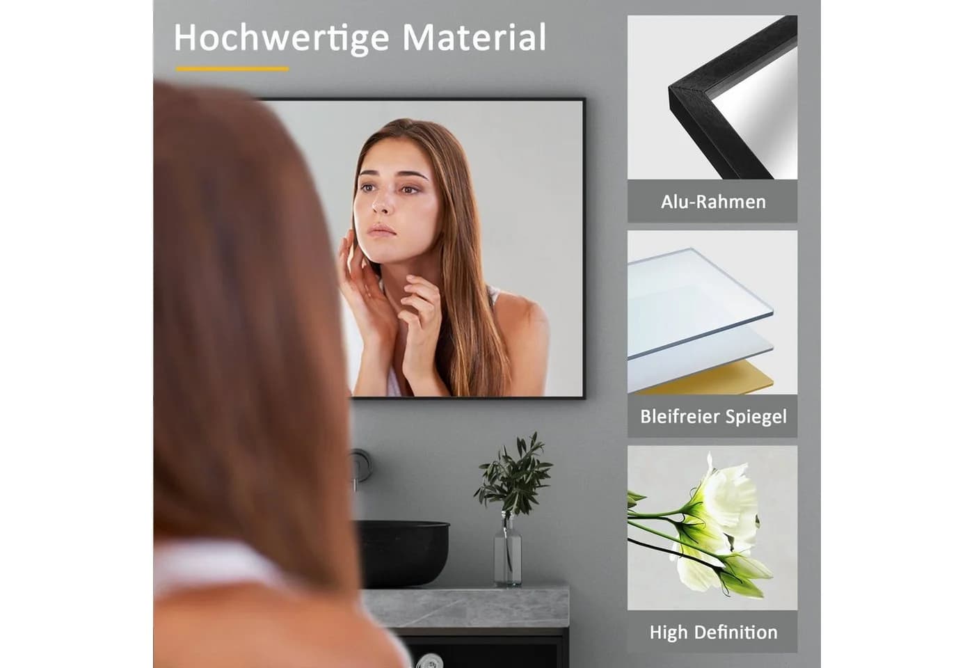 Boromal Wandspiegel 100x60 cm Schwarz Aluminium Rahmen - Bild 4