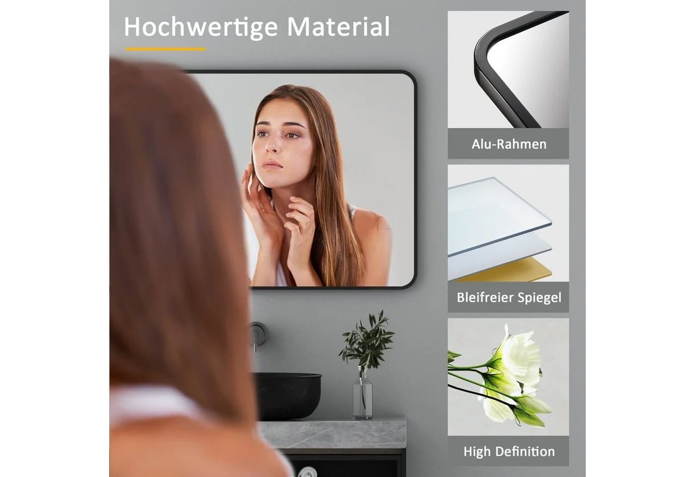Boromal Wandspiegel 60x40 cm Schwarz Aluminiumrahmen - Bild 3