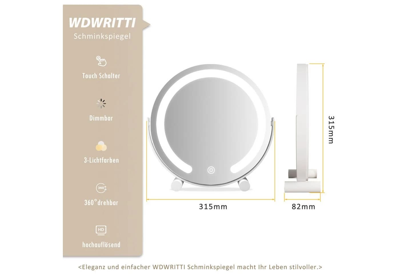 WDWRITTI Schminkspiegel mit LED-Beleuchtung Dimmbar Touch 3 Farben - Bild 3