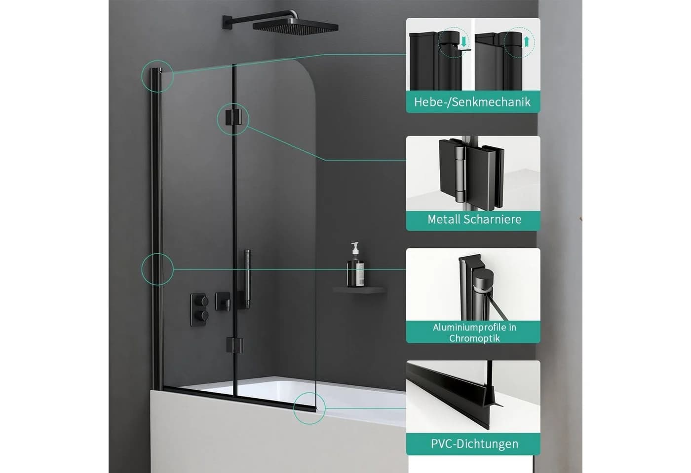 Boromal Badewannenfaltwand 2-teilig 6mm ESG Glas Schwarz