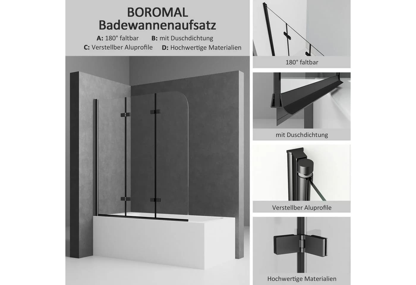 Boromal Badewannenaufsatz Schwarz 3-teilig Faltbar mit Nano-Glas - Bild 4