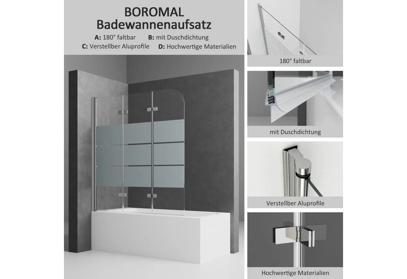 Boromal Badewannenaufsatz 3-teilig Faltbar Milchglas Weiß/Silber - Bild 4