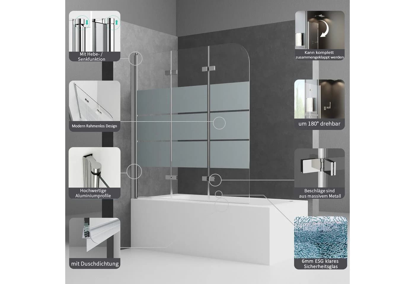 Boromal Badewannenaufsatz 3-teilig Faltwand Duschwand für Badewanne faltbar - Bild 4