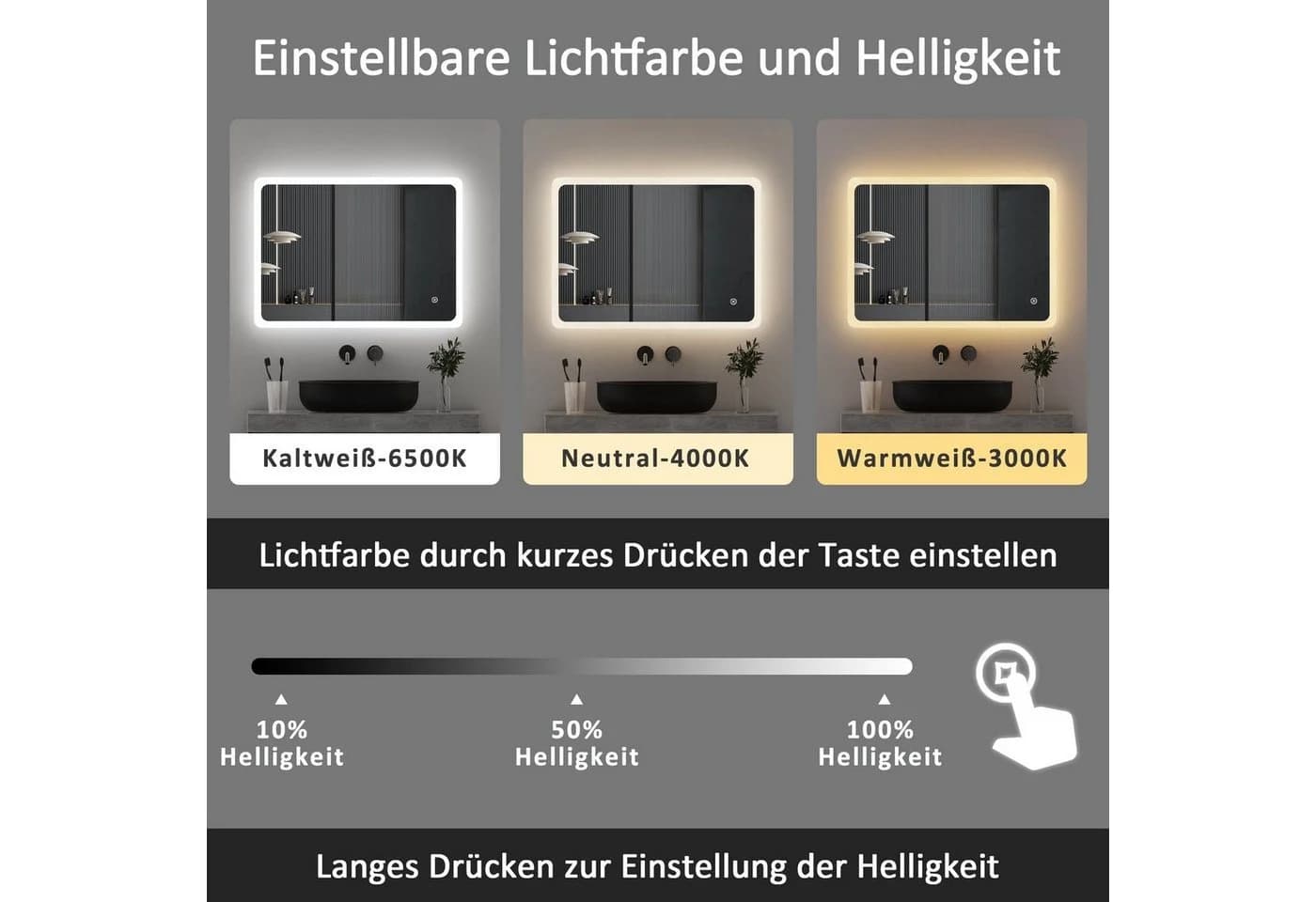 WDWRITTI LED Badspiegel mit Touch-Steuerung und dimmbarem Licht - Bild 3