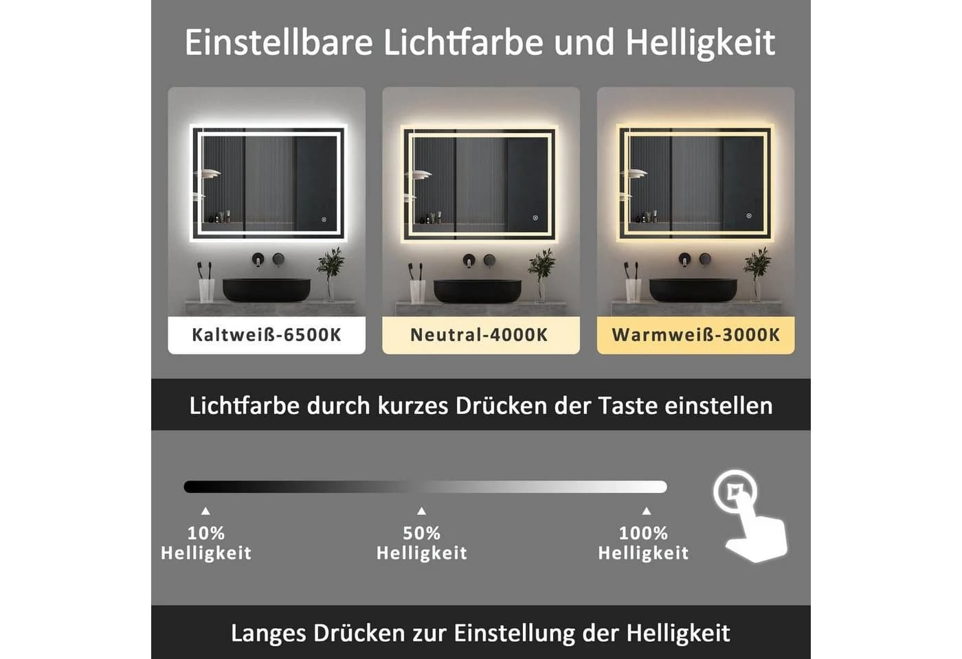 WDWRITTI Badspiegel LED Memory-Funktion Helligkeit/Lichtfarben dimmbar - Bild 4