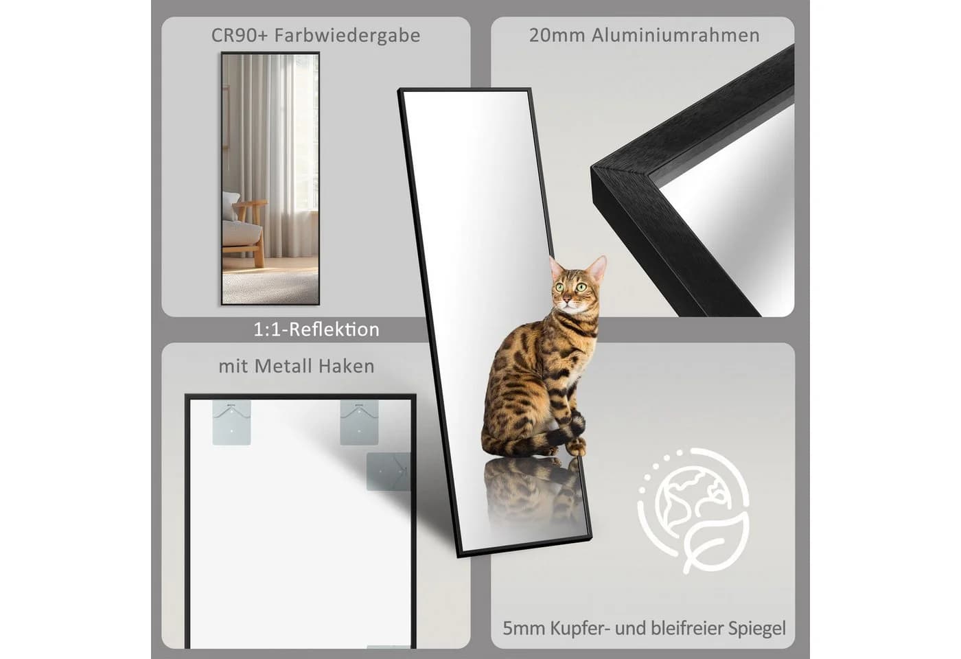 Boromal Ganzkörperspiegel Schwarz mit Aluminiumrahmen & Explosionschutz