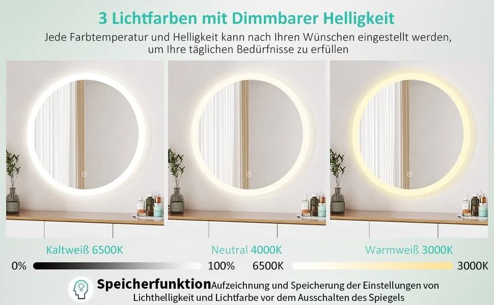WDWRITTI LED-Rundspiegel 60cm mit dimmbarem Licht und Speicherfunktion