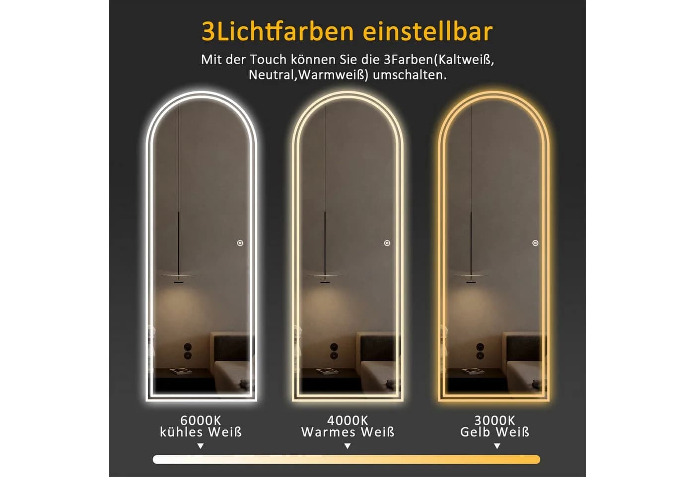 WDWRITTI LED Ganzkörperspiegel 3 Lichtfarben Dimmbar - Bild 5
