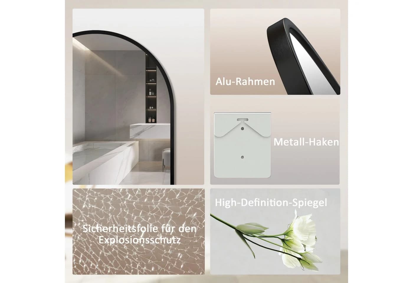 Hopibath Ganzkörperspiegel Rundbogen Schwarz Aluminiumrahmen - Bild 3