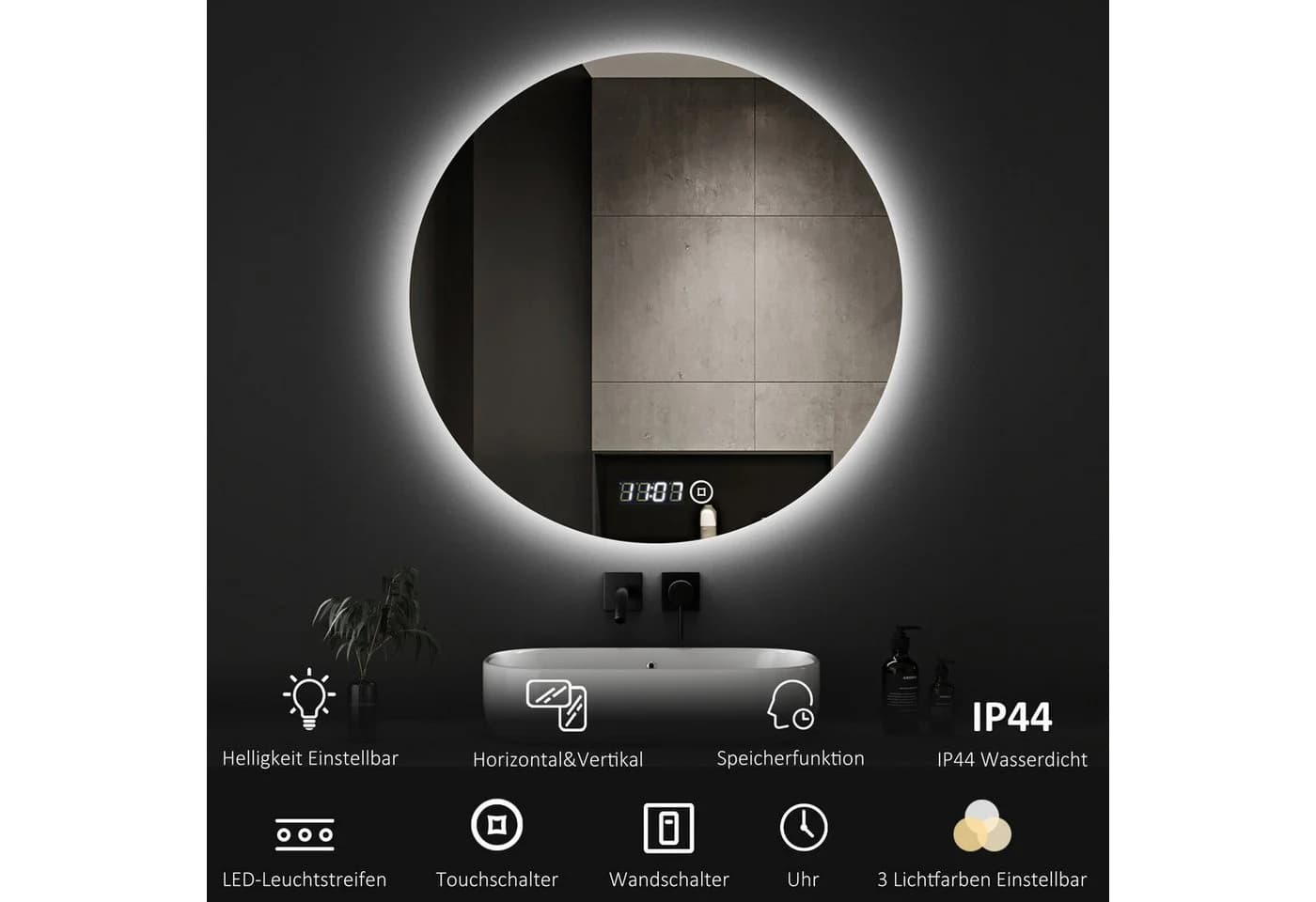 WDWRITTI LED Badspiegel 60x60cm mit Uhr und Speicherfunktion