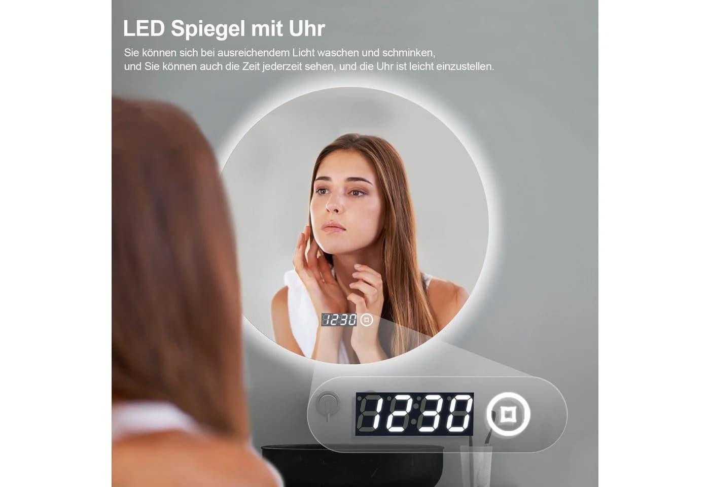 WDWRITTI LED Badspiegel 60x60cm mit Uhr und Speicherfunktion - Bild 4